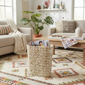 Coeusy cream-white wicker texture trash can, complements farmhouse and boho decor.