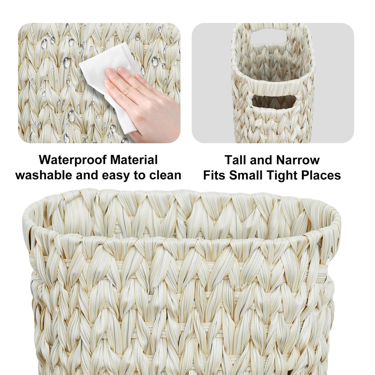 Coeusy wicker trash bin with wide opening for easier waste disposal.