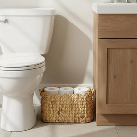 Coeusy handwoven water hyacinth basket adds natural texture to bathroom storage.