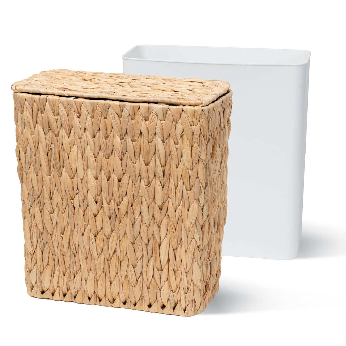 Coeusy versatile wicker bin doubles as storage beyond waste.