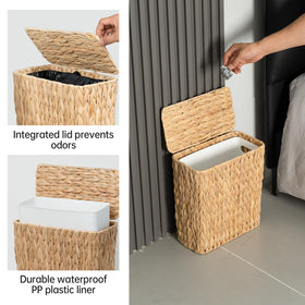 Coeusy natural water hyacinth wicker bin side view highlights compact design.
