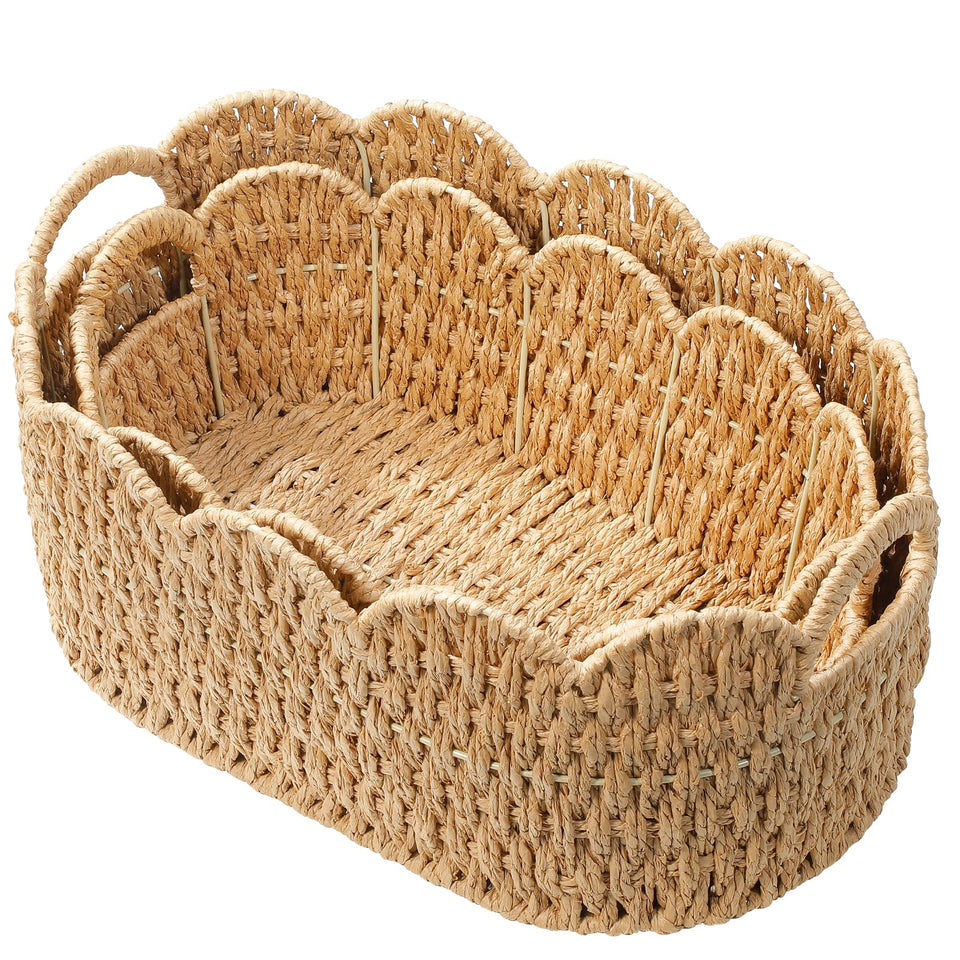Coeusy large scalloped basket on a shelf offers stylish organization.