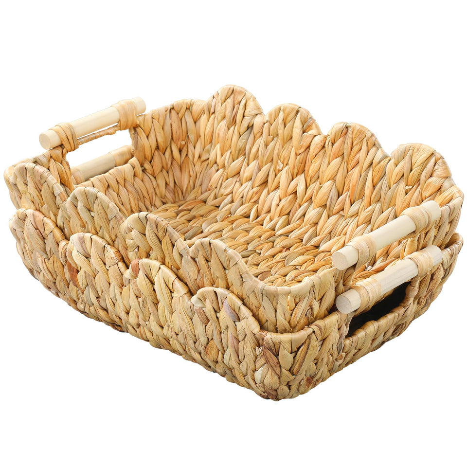 Coeusy small wicker basket with scalloped edge on a shelf for tidy storage.