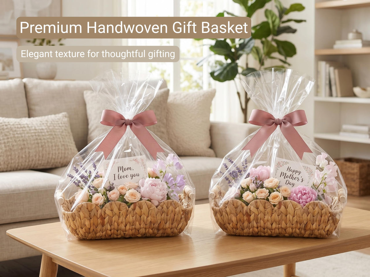 Coeusy small wicker basket with wooden handles for easy transport.