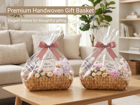 Coeusy small wicker basket with wooden handles for easy transport.