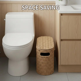 Versatile placement on shelf, countertop, or floor supports tidy storage.
