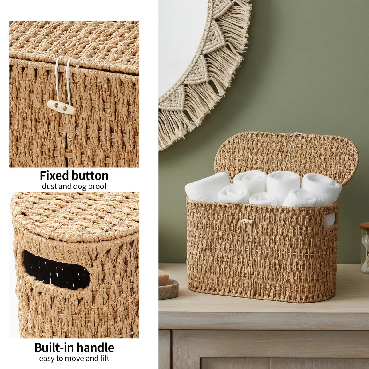 Lid with button closure keeps tissues clean and dust-free.