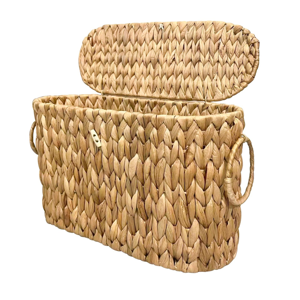 Coeusy toilet paper basket lid closeup reveals durable water hyacinth weave and dust protection.