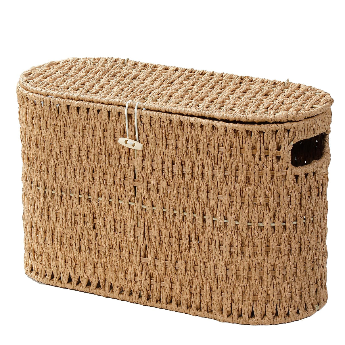 Coeusy toilet paper basket with lid showing hand-woven rope for stylish bathroom storage.