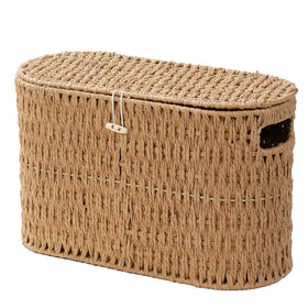 Coeusy toilet paper basket with lid showing hand-woven rope for stylish bathroom storage.