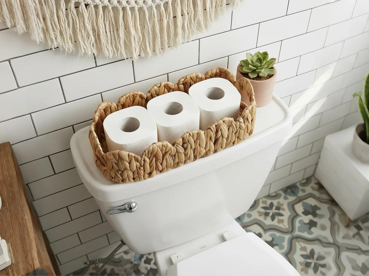 Coeusy toilet tank basket side view illustrating compact profile for tight corners