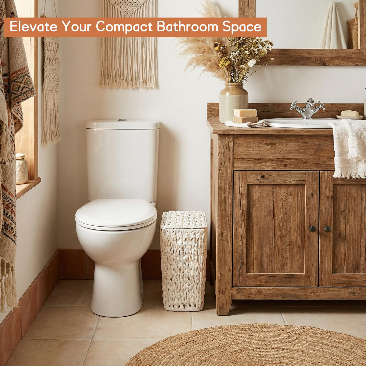 Coeusy removable liner in wicker trash can enables quick, mess-free disposal