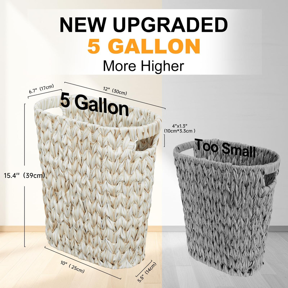 Coeusy waterproof wicker trash bin with cream finish, easy to wipe clean.