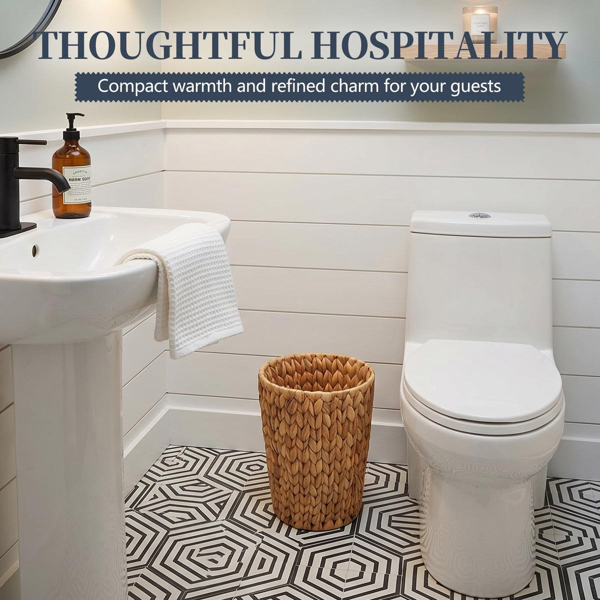 Coeusy storage basket rounded wicker design supports multi-use organization in any room.