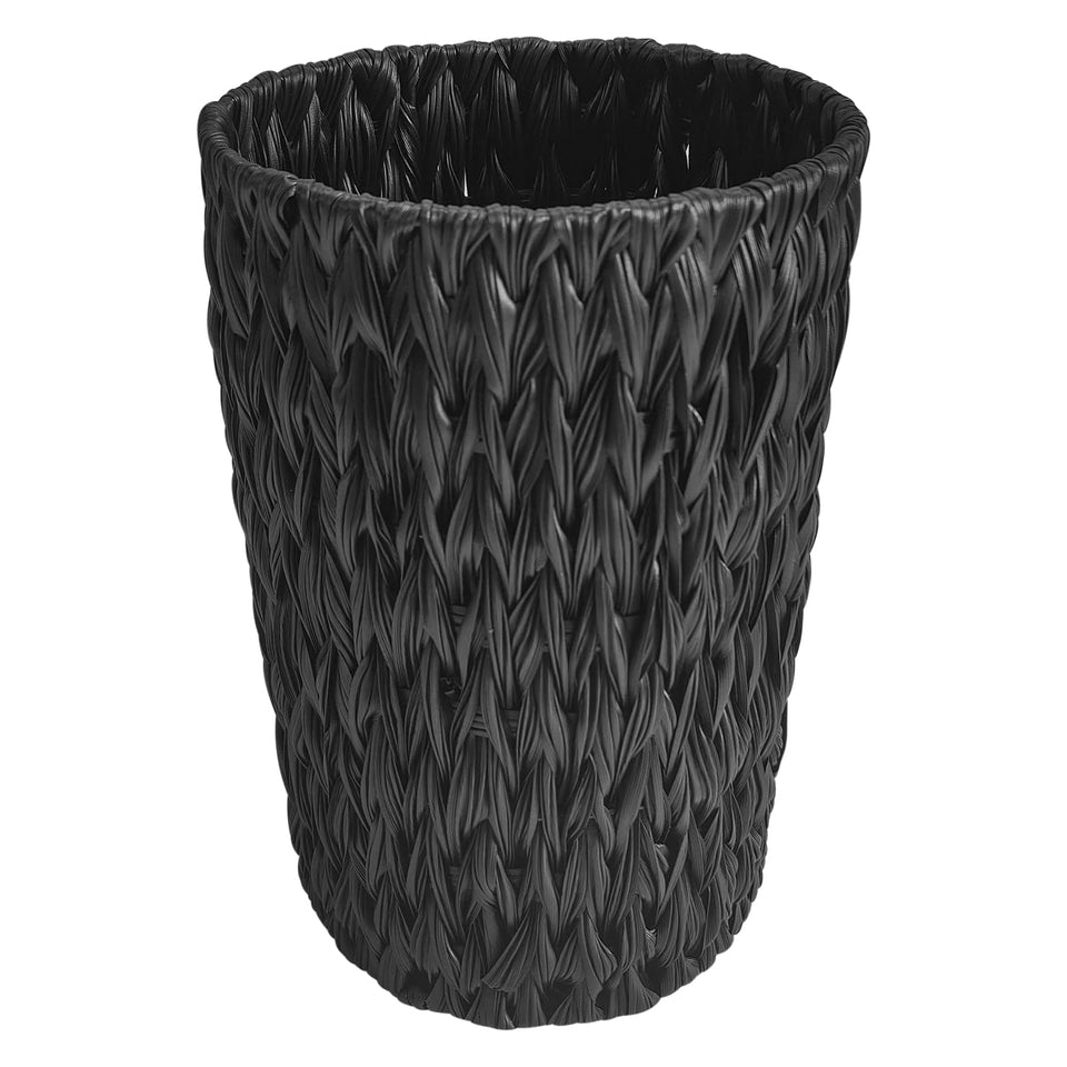 Coeusy wicker trash can 2-gallon round black; fits tight spaces and is easy to clean.