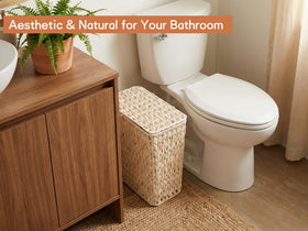 Coeusy wicker trash can with lid closed for discreet waste concealment