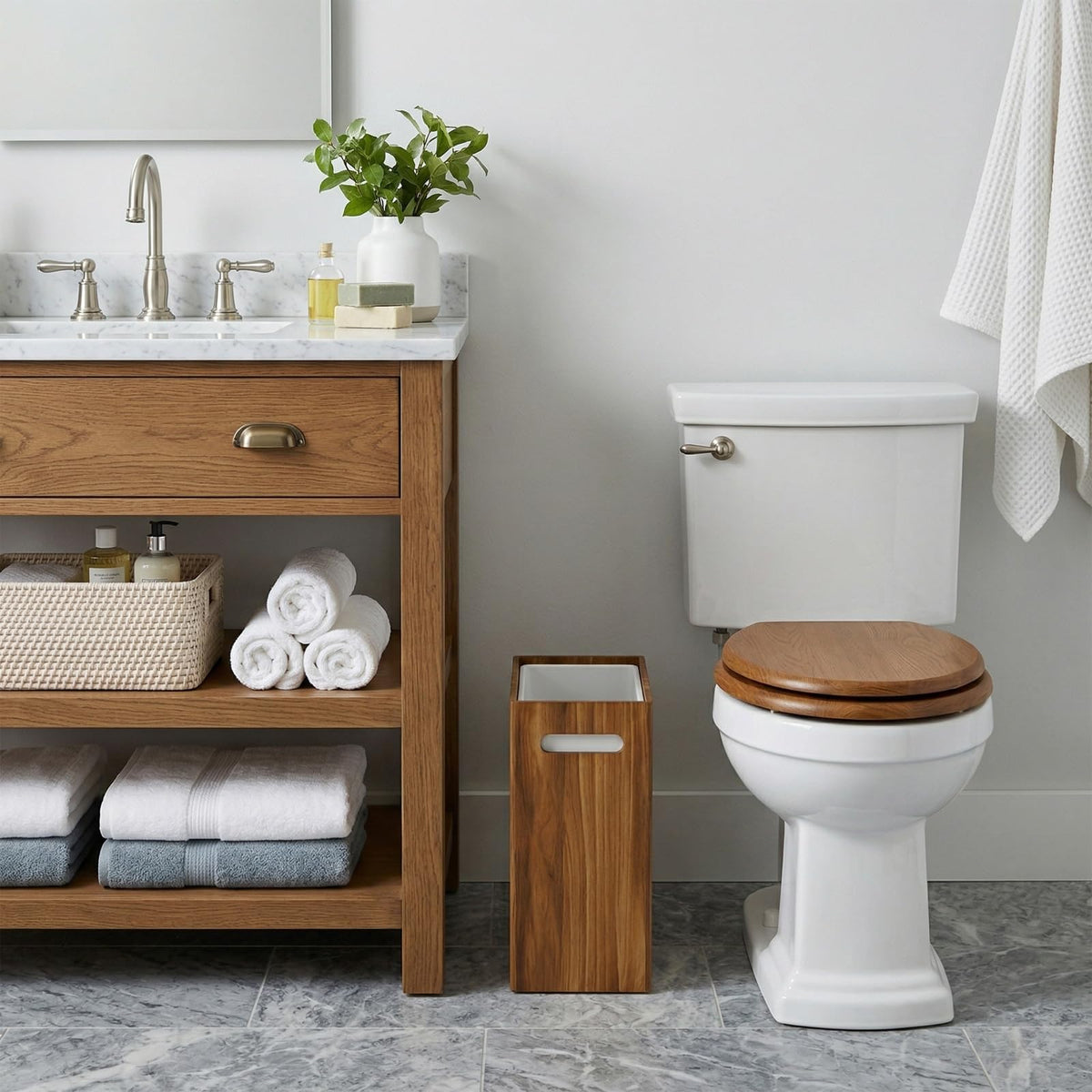 Coeusy wooden trash bin with liner protects wood and simplifies cleanup.