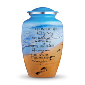 Cogent Memorials Ocean Blue urn with beach sunset design, durable keepsake for loved ones.