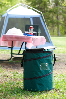 Coghlan's Pop-Up Trash Bin at campsite demonstrates a tidy, organized cleanup