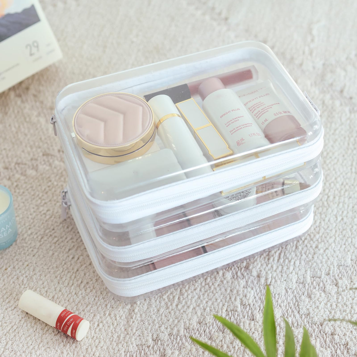 CoiiJoii clear zipper case open showing roomy interior organization.