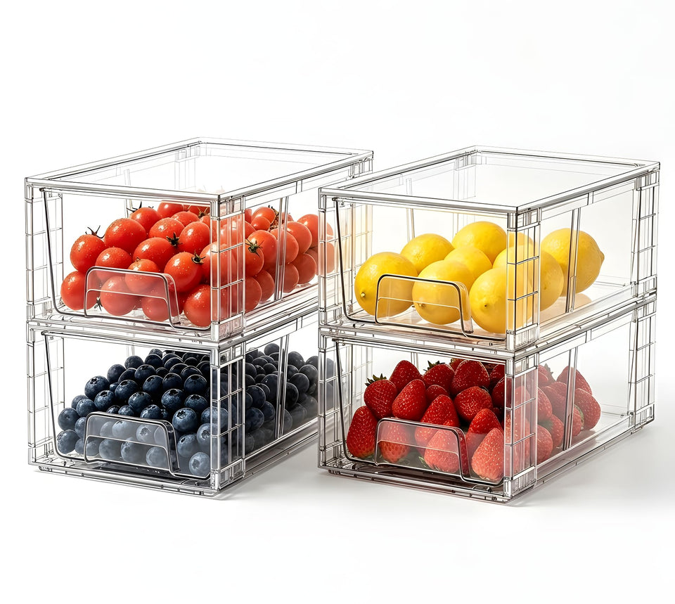 COKIHOM 4-pack stackable drawers with handles for organized fridge storage.