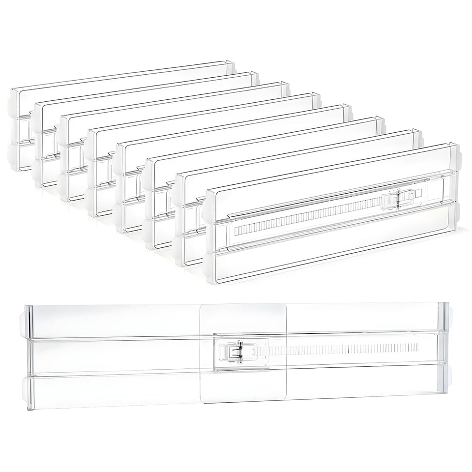 COKIHOM 8-pack clear drawer dividers shown in a tidy dresser for 4-inch height organization