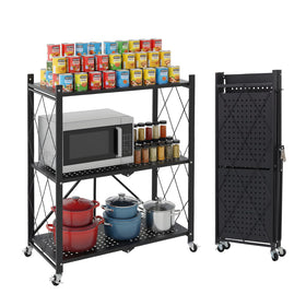 COKITOO 3-tier foldable shelf with wheels enables quick tool-free setup.