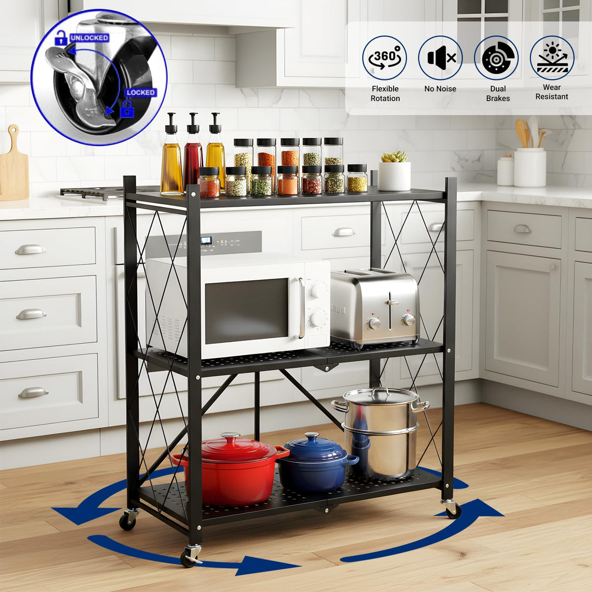 COKITOO 360-degree movable storage with four wheels for quiet mobility.