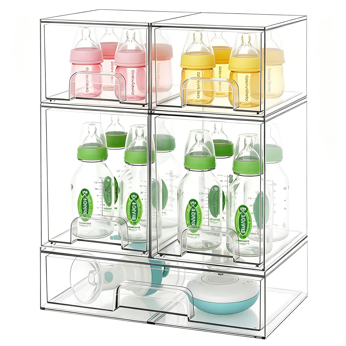 COKITOO wide bin keeps baby bottles neatly organized on a countertop