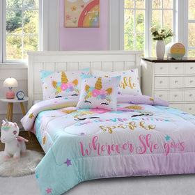 Cokouchyi pink and rainbow bedding enhances a bright, imaginative space for kids.