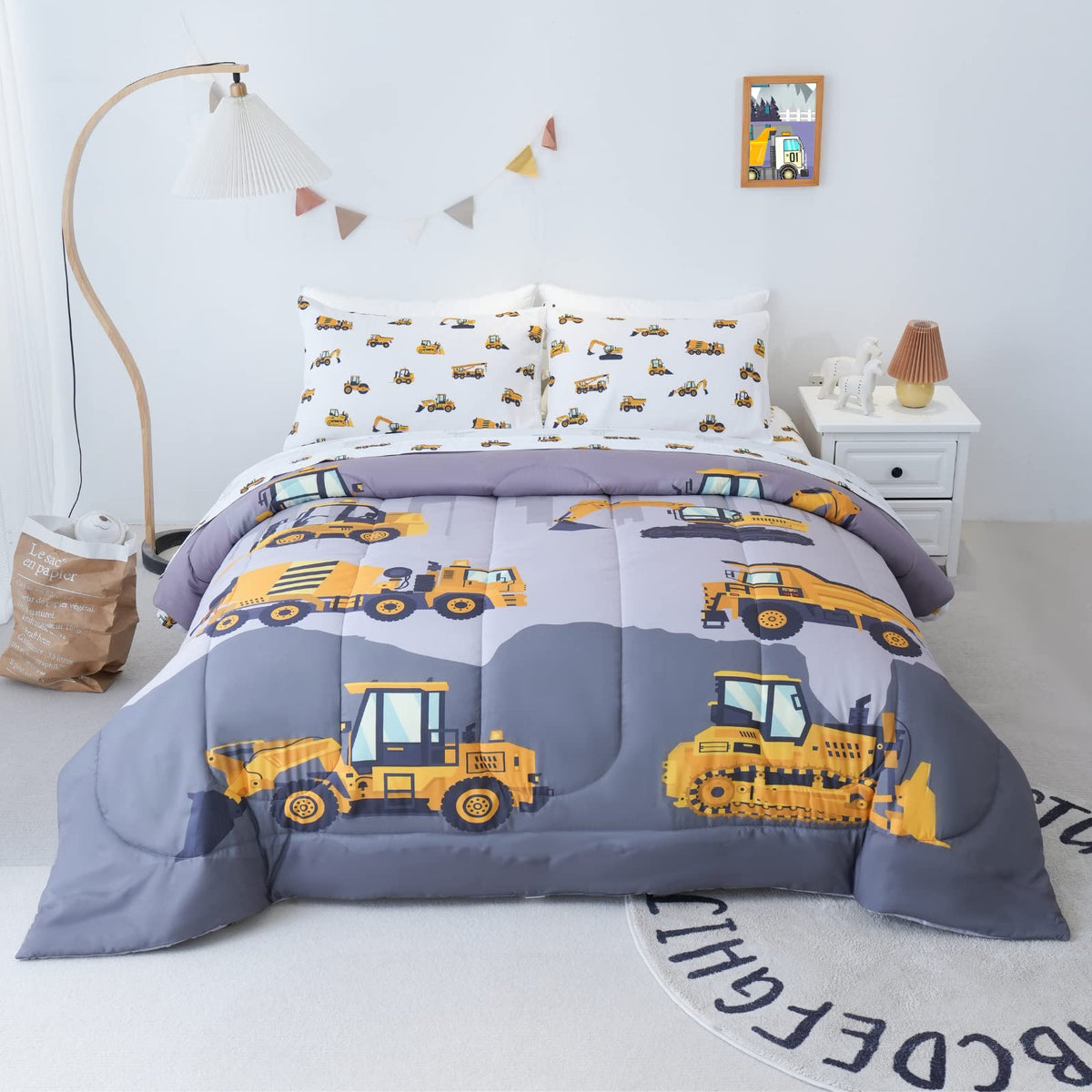 Cokouchyi twin-size comforter set with 3D construction cars design, ideal for imaginative bedtime.