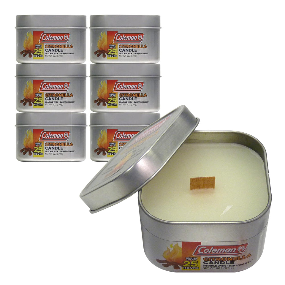 Coleman citronella candle with crackle-wick for cozy outdoor ambiance.