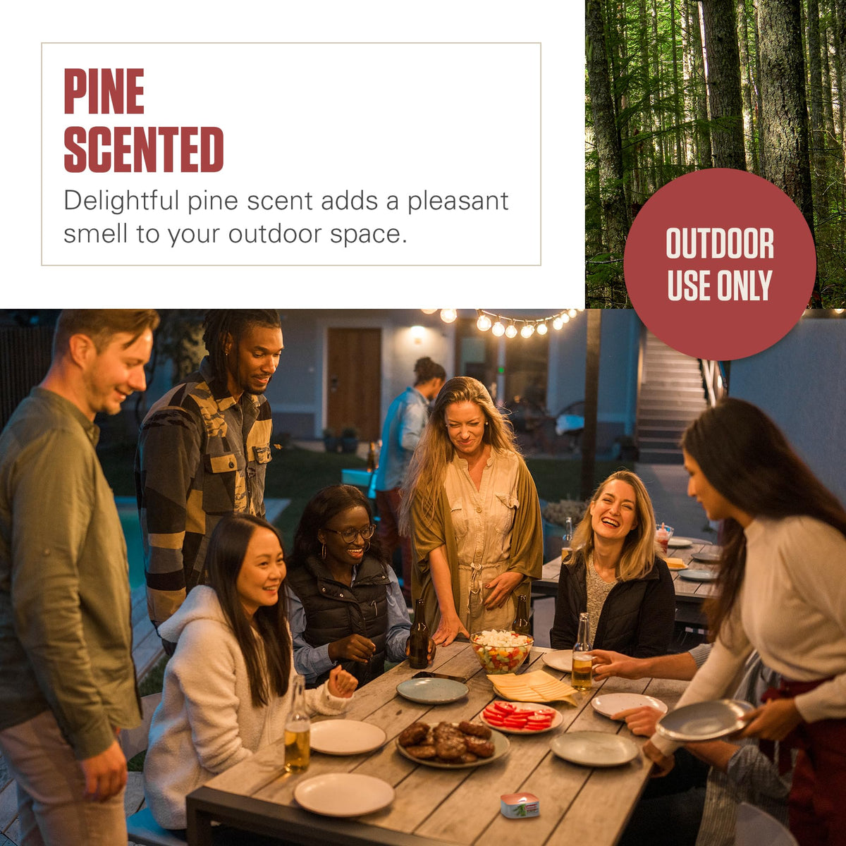 Pine scent fills outdoor patio spaces for relaxation.