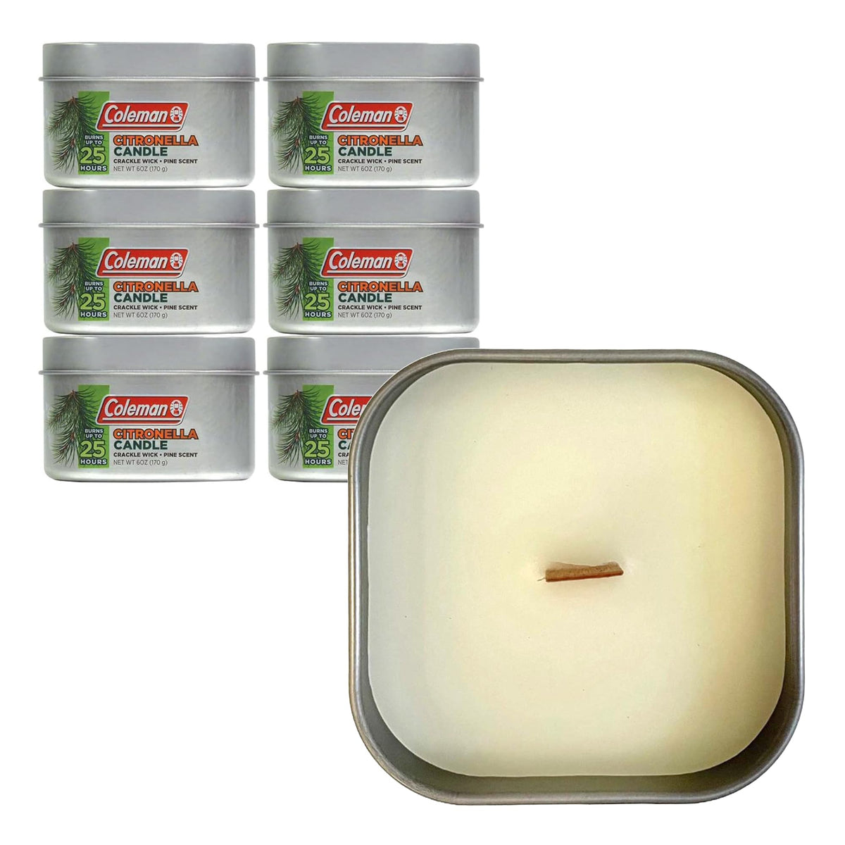 Coleman Pine Scented Citronella Candle with wood wick in tin for outdoor evenings.