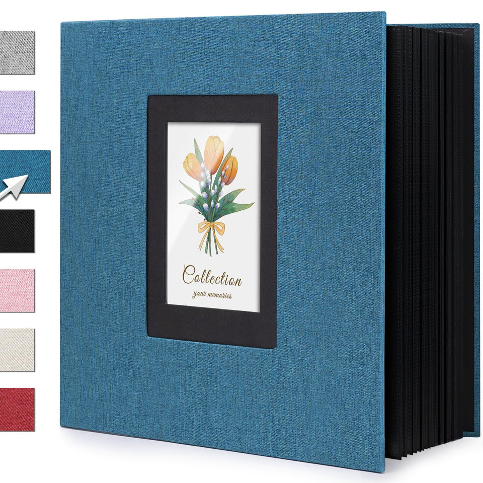 Colemoly linen photo album blue cover with window displaying a favorite 4x6 memory.