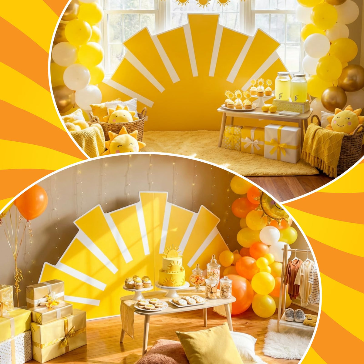 Colingmill Sunshine baby shower backdrop made of PVC is sturdy for long-lasting party decor.