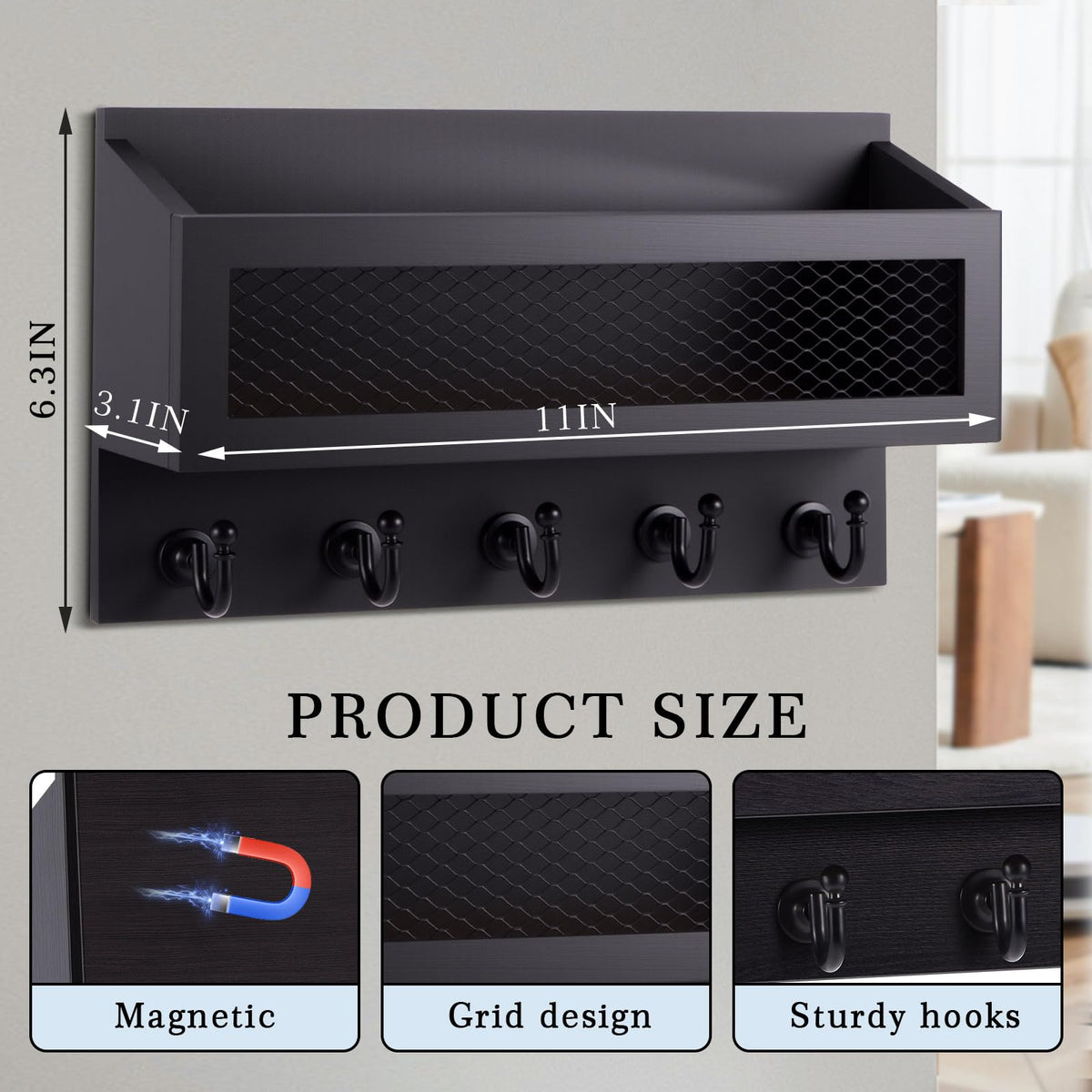 Colingmill wooden wall mount with five sturdy hooks for keys and accessories.