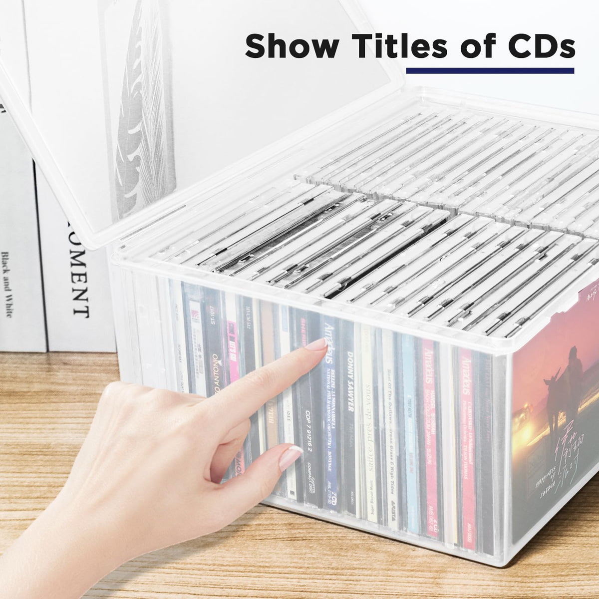 Stacked CollectHall CD storage boxes saving space on a shelf.
