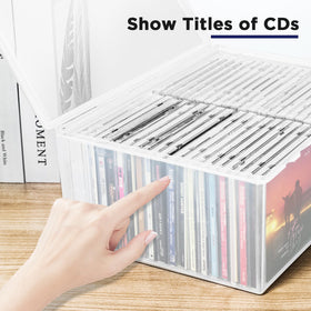 Stacked CollectHall CD storage boxes saving space on a shelf.