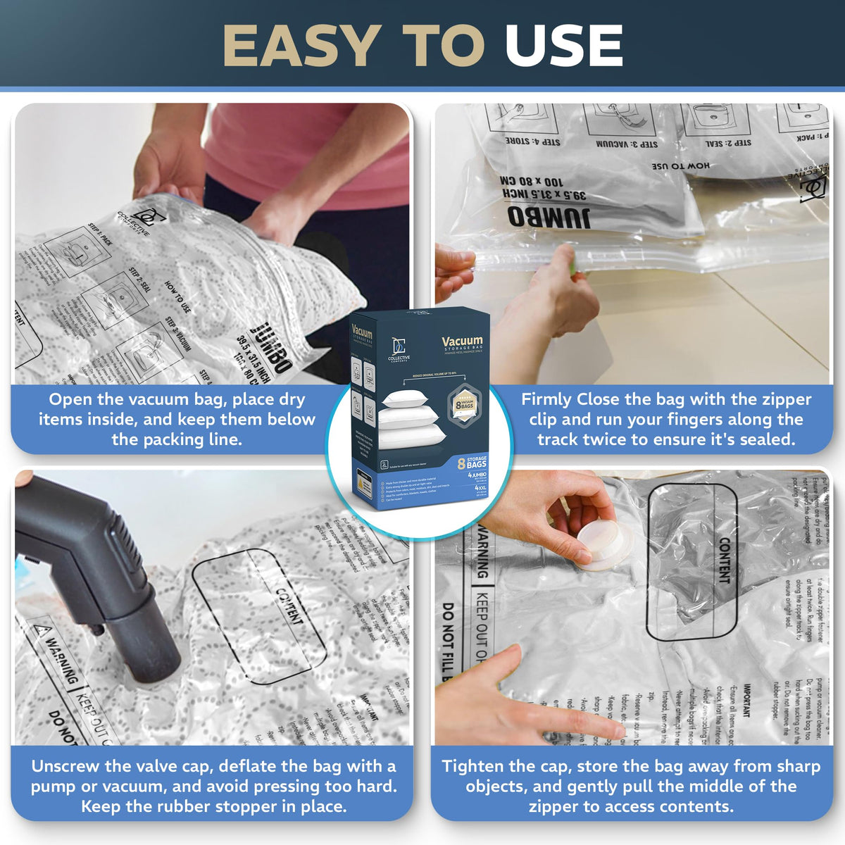 Collective Comforts closet organization with vacuum storage bags.