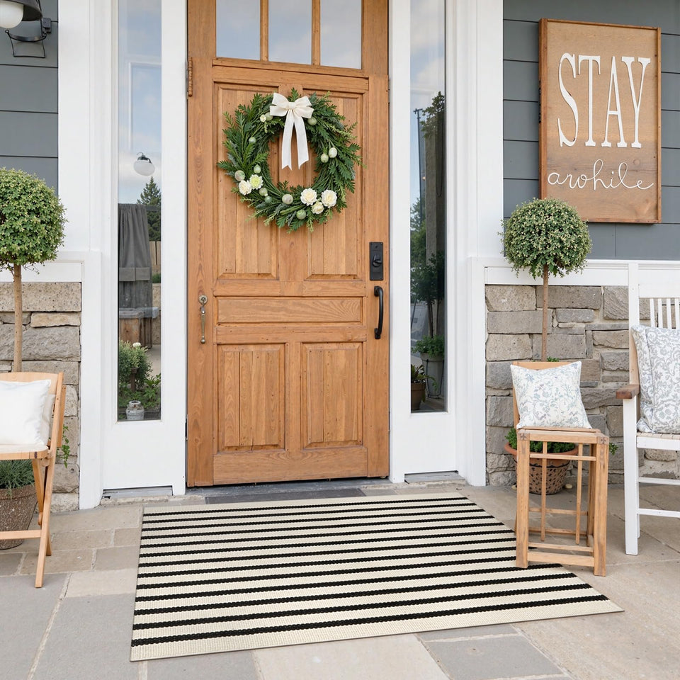 Collive door mat with black and white stripes, a durable outdoor entry rug with strong water absorption.