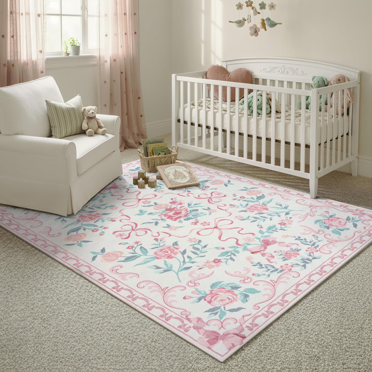 Collive pink floral rug bow and flower design adds cheerful charm to bedrooms