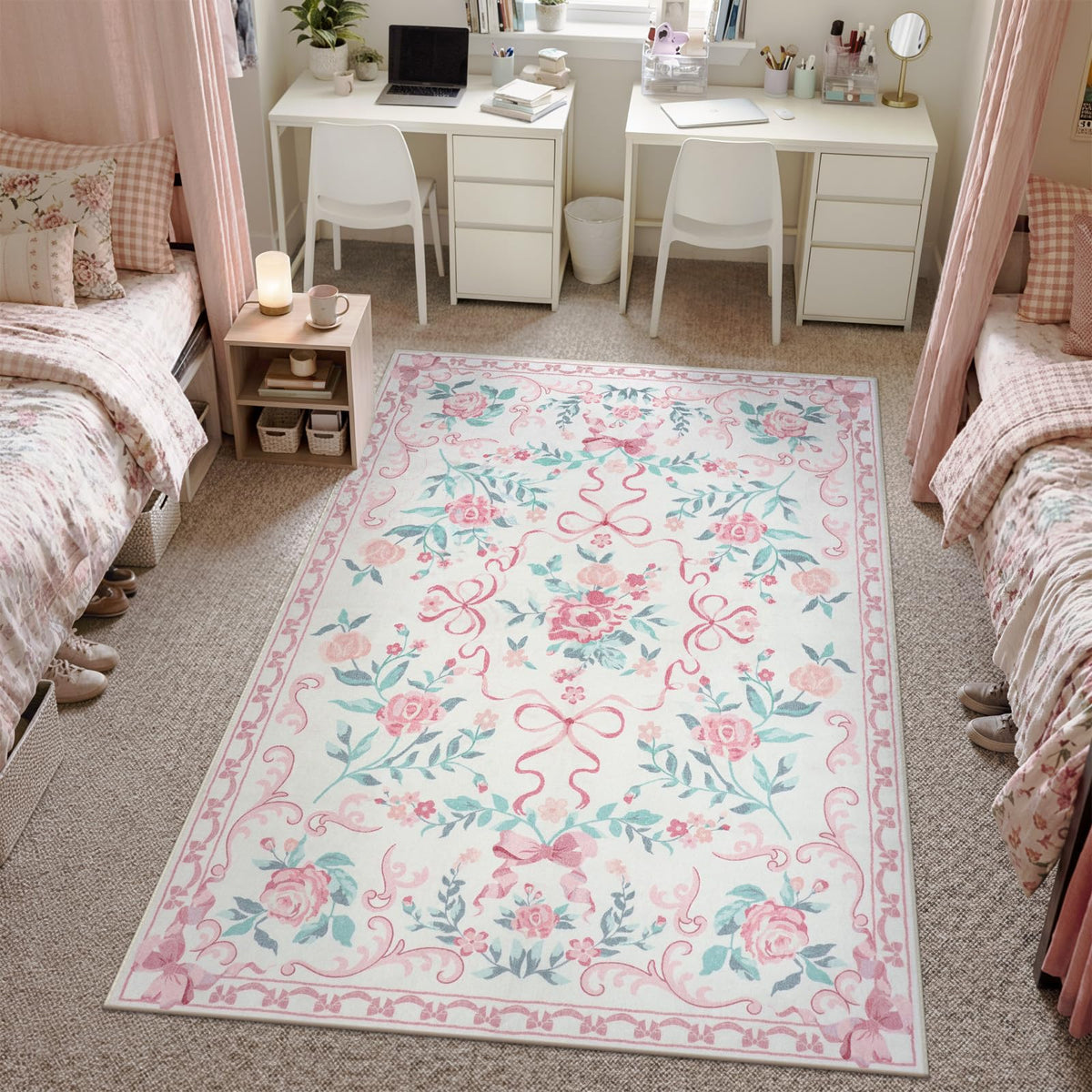 Collive pink floral rug closeup weave shows dense fibers for cozy playtime