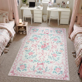 Collive pink floral rug closeup weave shows dense fibers for cozy playtime