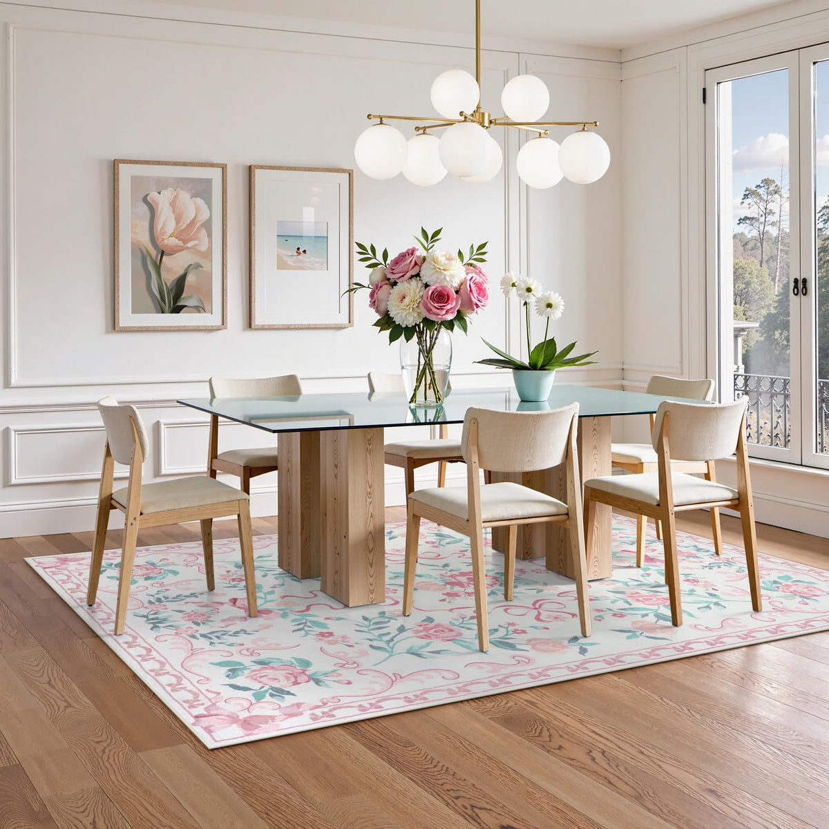 Collive pink floral rug fits doorway movement with easy door clearance