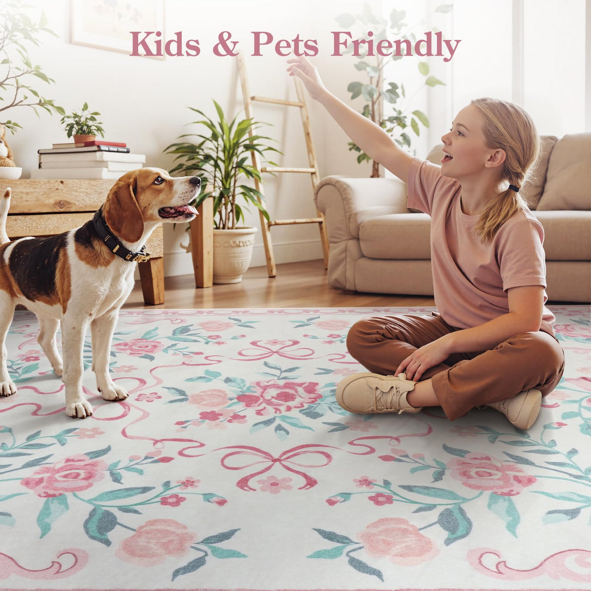 Collive pink floral rug creates cozy living room and entryway ambiance
