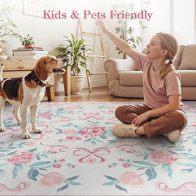 Collive pink floral rug creates cozy living room and entryway ambiance