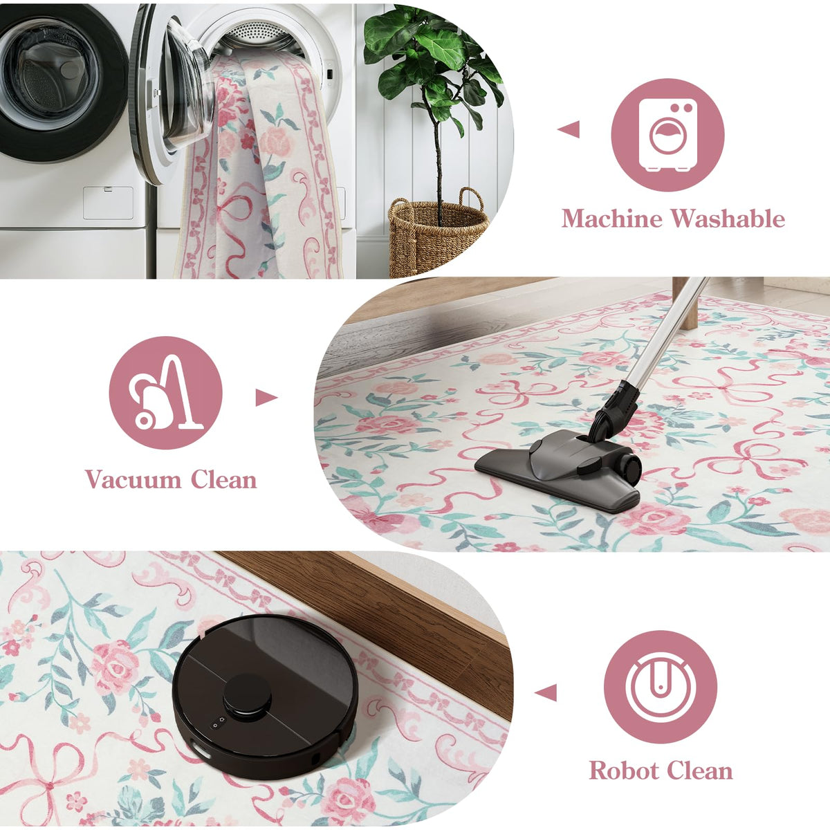 Collive pink floral rug non-slip back keeps it steady on wood floors