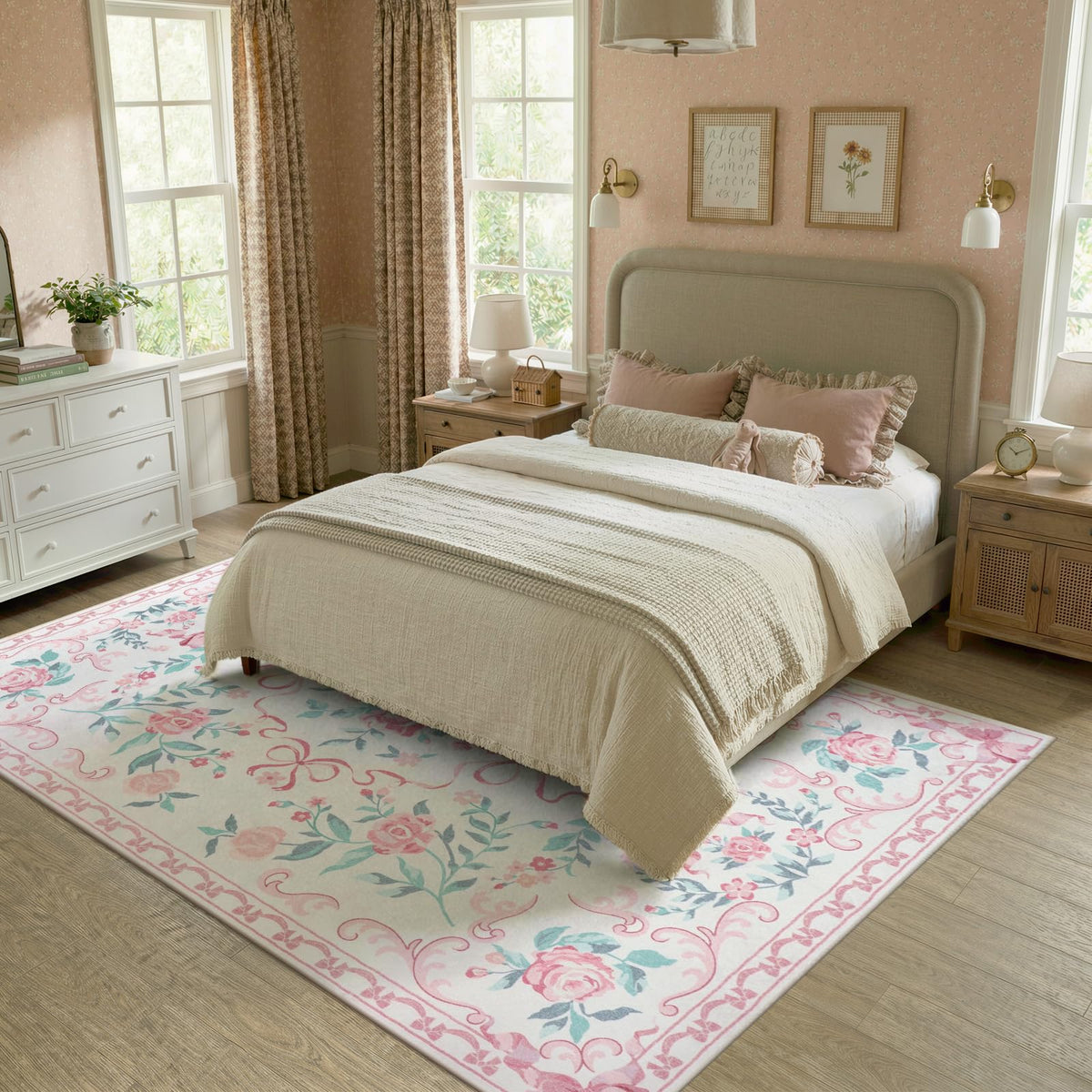 Collive pink floral rug ideal for nursery, kids' rooms, and play areas