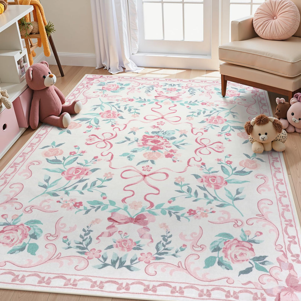 Collive pink floral rug top view highlighting soft faux wool texture for kids' rooms